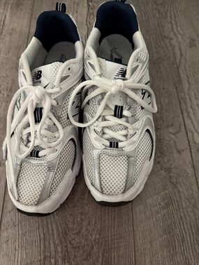 New Balance White and Navy Athletic Sneakers